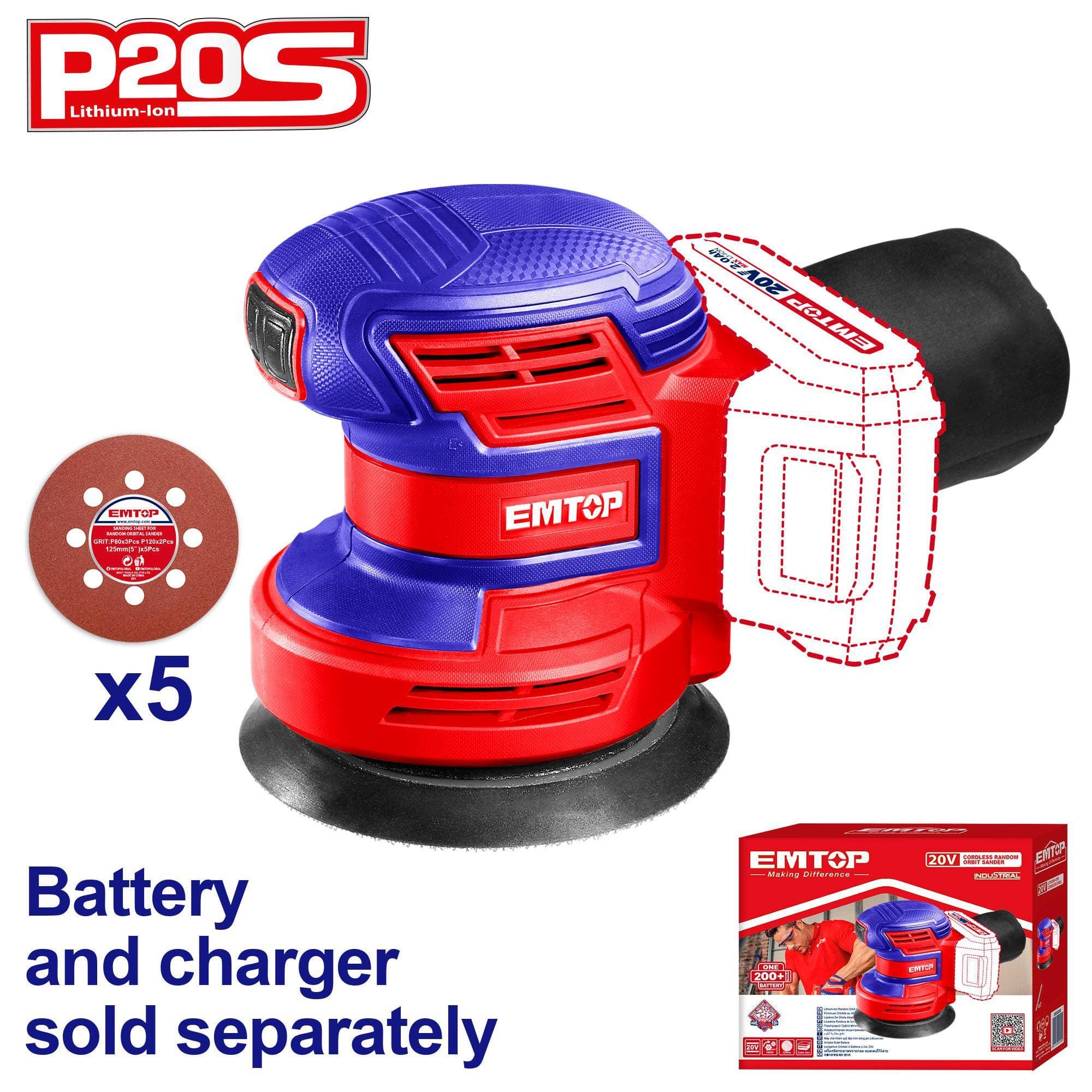 Ponceuse sans fil 20V Li-Ion solo (Sans batterie Sans chargeur) ELPS201250 D3 - photo 1