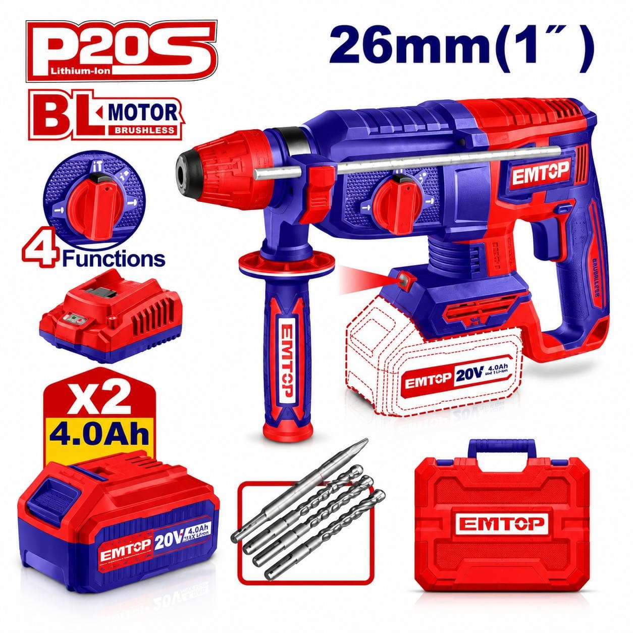 Marteau piqueur perforateur SDS sans fil 20v 2 batteries 4.0ah 2.5J (avec variateur de vitesse) ELRH20682 - photo 1
