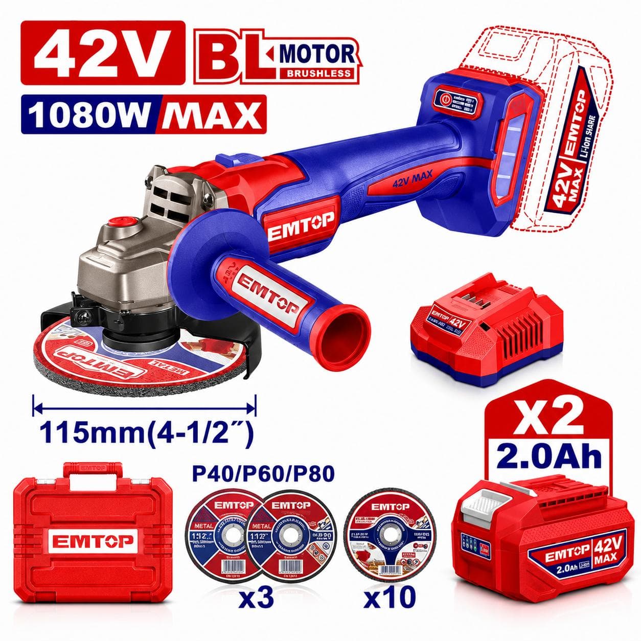 tronçonneuse d’angle 115mm sans fil brushless à 2 batteries 42V 2.0Ah ELAG4108112 - photo 1