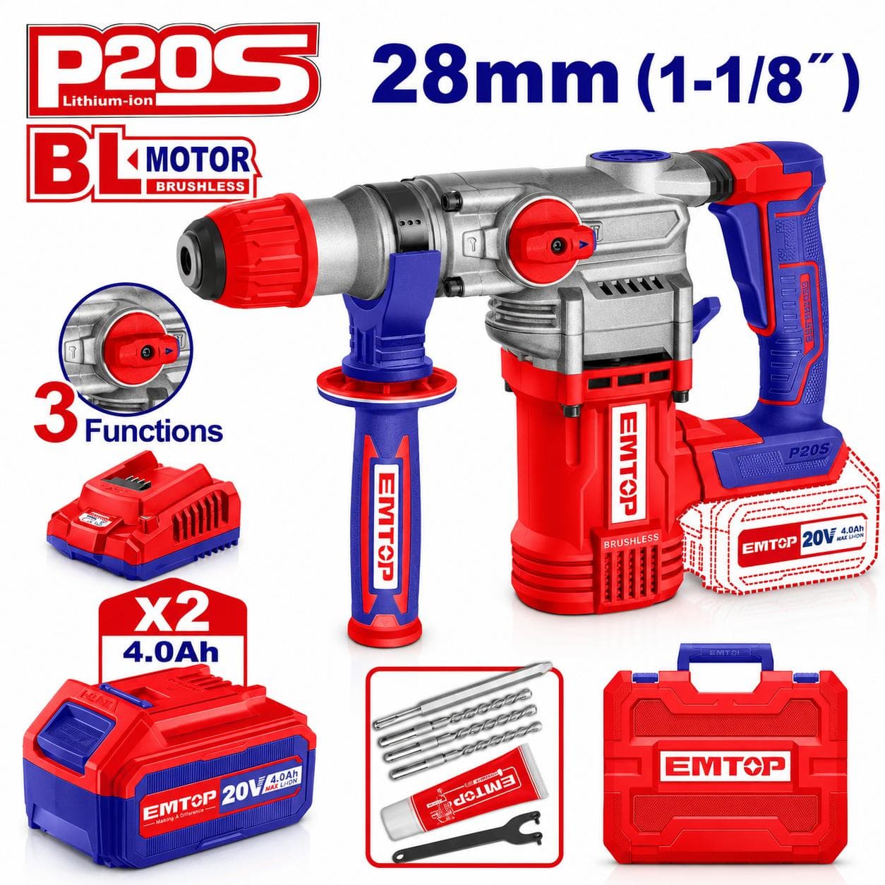 Marteau Piqueur perforateur SDS sans fil 20v 2 batteries 4.0ah 4.5 J ELRH202882 - photo 1