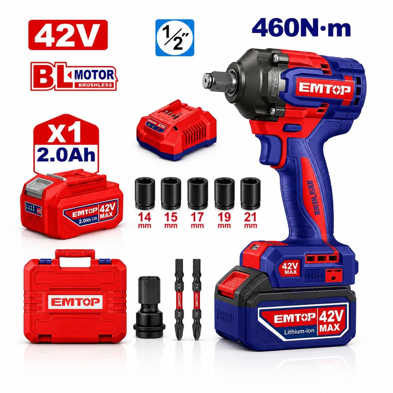 Boulonneuse clé à chocs sans fil 42V Li-Ion 1 Batterie 2.0ah Brushless (Avec valise) 1/2" DR 460Nm ECIWL42461 - photo 1