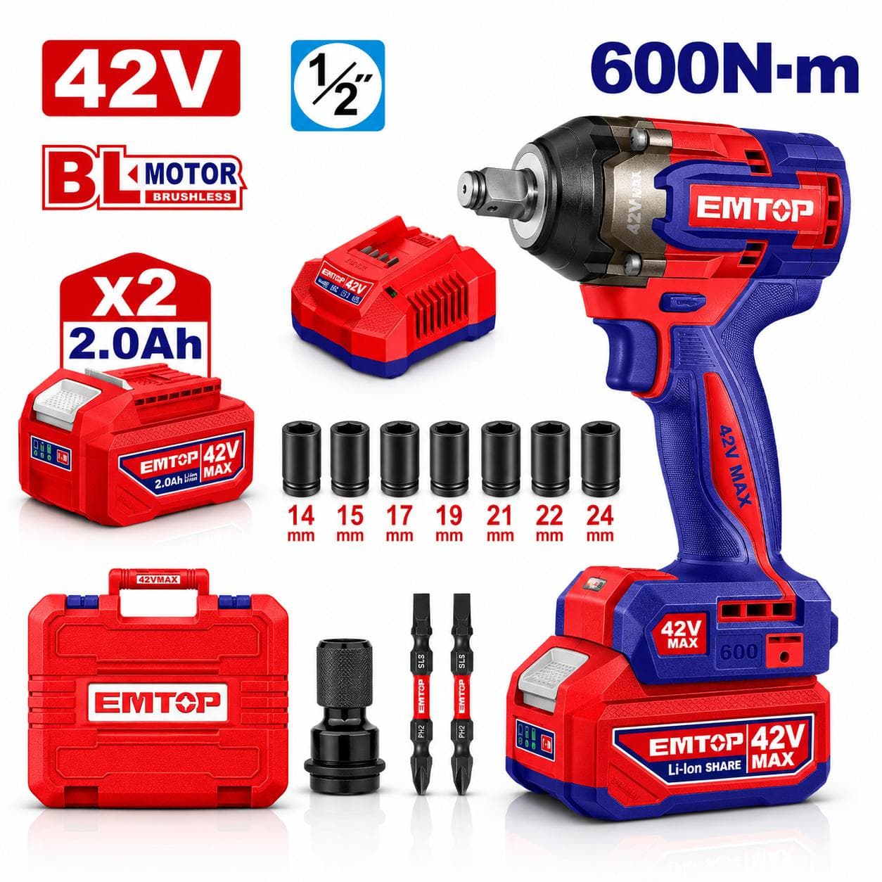 Boulonneuse clé à chocs sans fil 42V Li-Ion 2 Batteries 2.0ah Brushless (Avec valise) 1/2" DR 600Nm ECIWL42602 - photo 1
