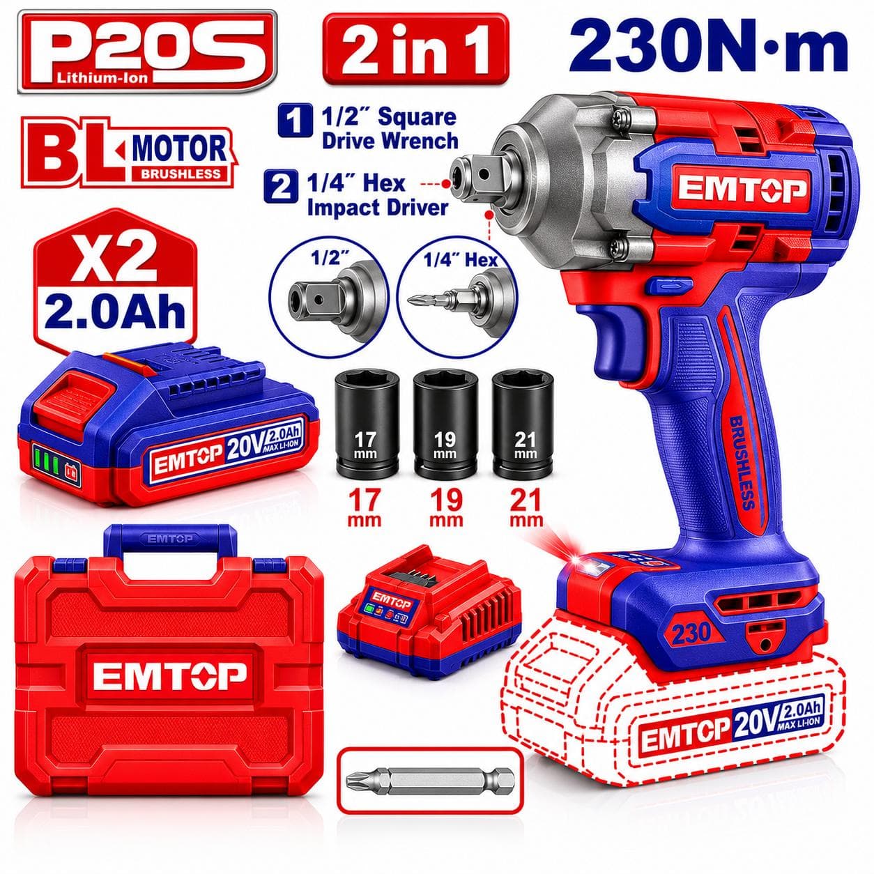 Boulonneuse clé à chocs sans fil 20V Li-Ion 2 Batteries 5.0ah Brushless (Avec valise) 3/4" DR 1050Nm ECIWL20105 - photo 1