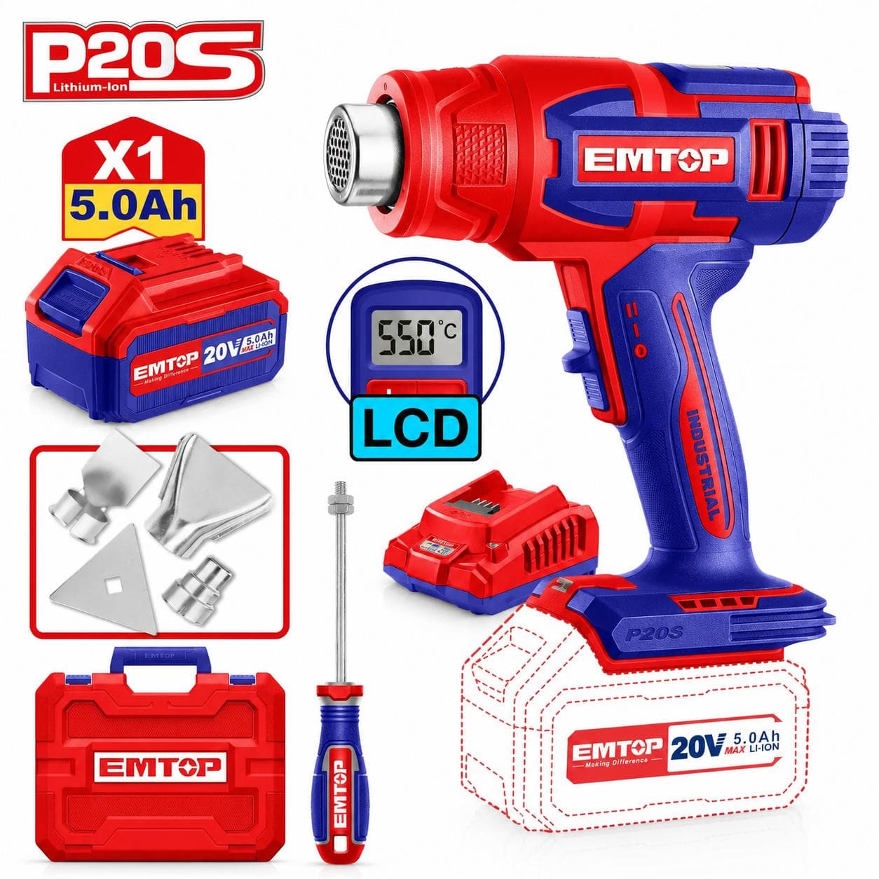 Pistolet air chaud décapeur thermique professionnel avec Écran LCD sans fil 20V EMTOP 1 batterie 5.0Ah et 1 chargeur EHGN200318 - photo 1