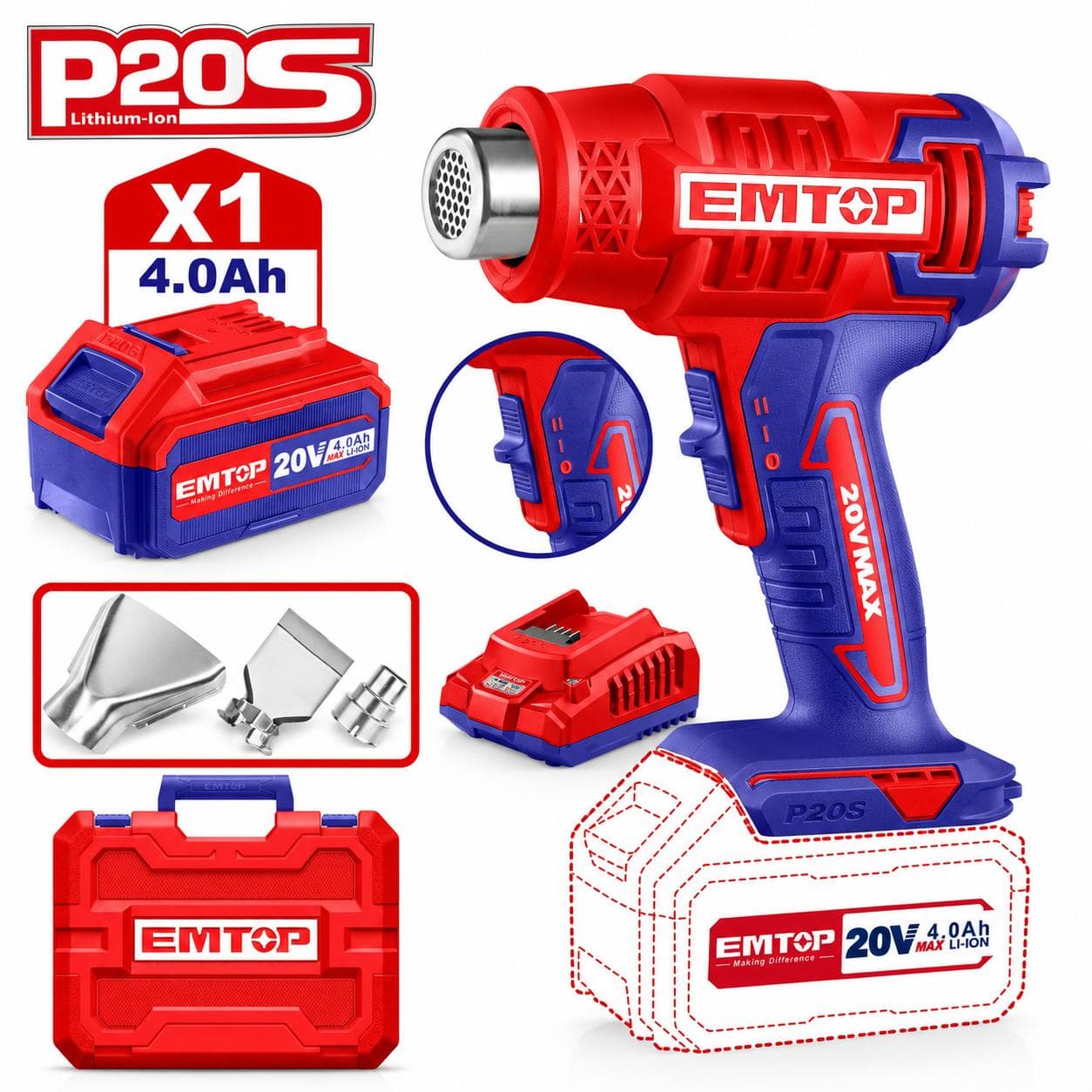 Pistolet air chaud décapeur thermique professionnel sans fil 20V EMTOP 1 batterie 4.0Ah et 1 chargeur EHGN200185 - photo 1