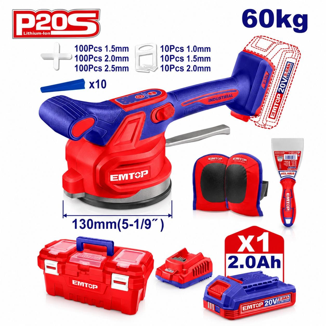 Ventouse vibrante et pose carrelage 60Kg 1Batterie 20V EMTOP EMTVM20018 - photo 1