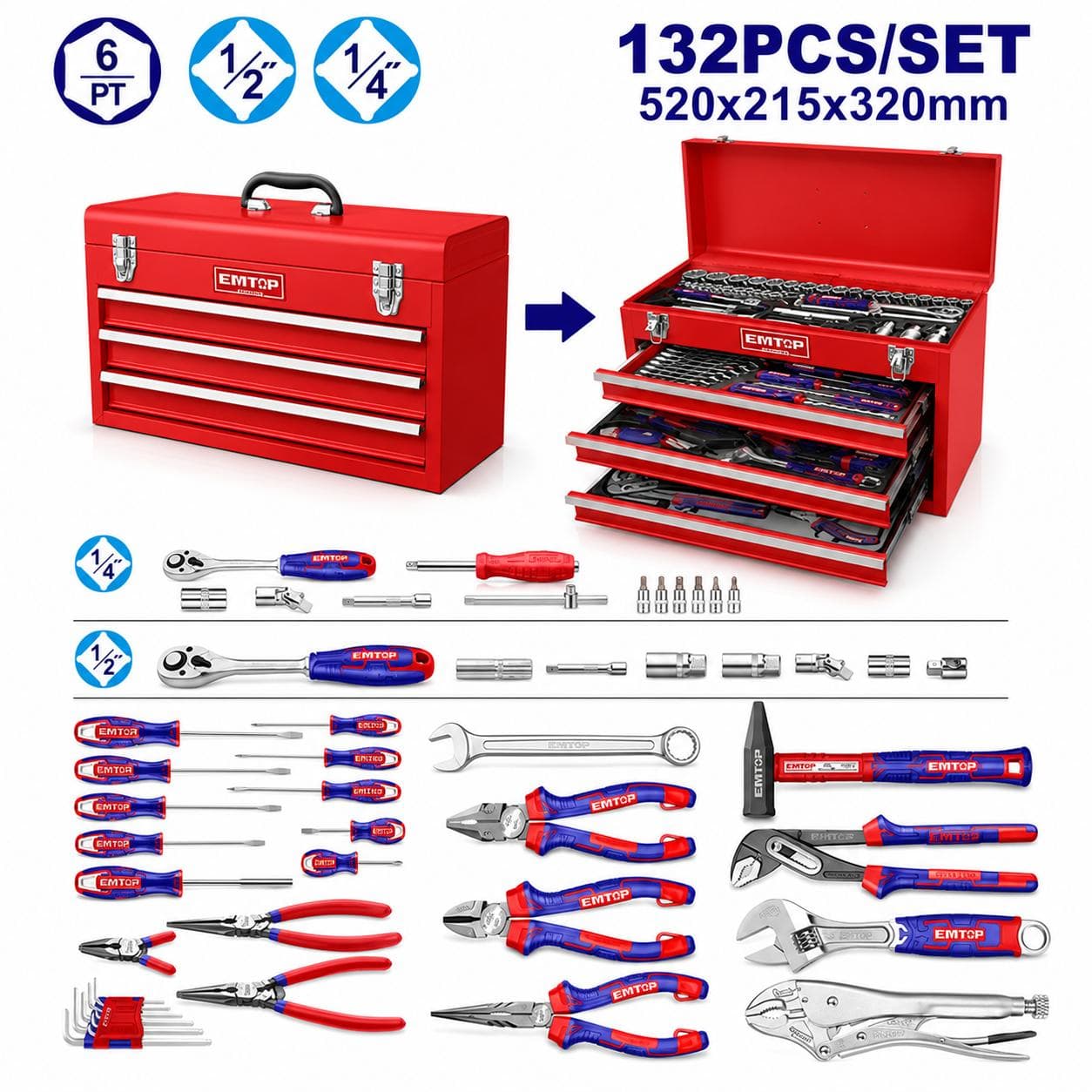 Caisse à outils 3 tiroirs plein 132PCS EHTS01321 EMTOP - photo 1