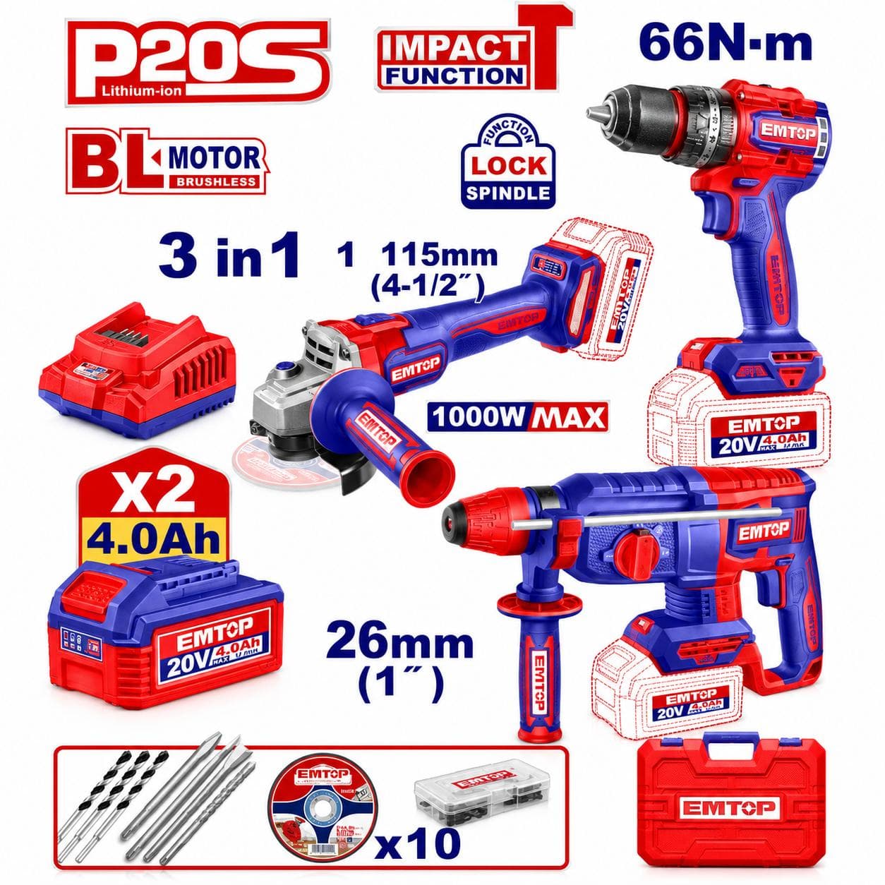 Kit 3 pièces tournevis + scie circulaire + marteau hydraulique 20 volts eckl202598 EMTOP - photo 1