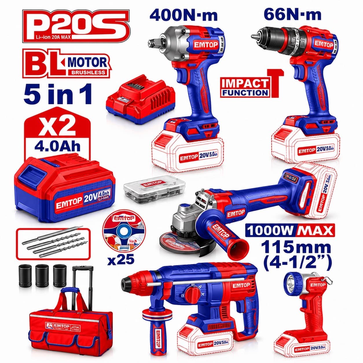 Kit d’outils électroportatifs a batterie 20V 4.0ah 5 en 1 ECKL20595 - photo 1